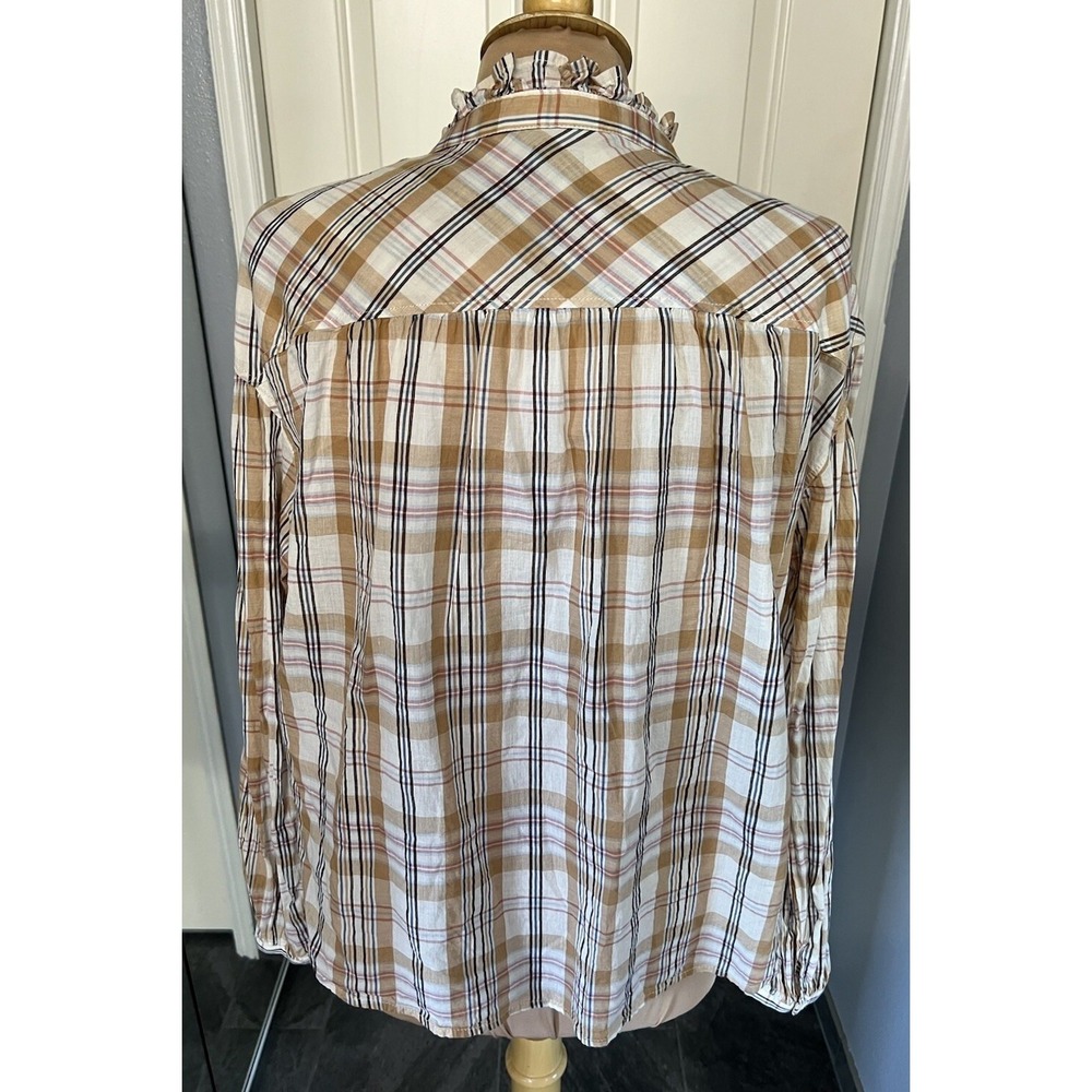 Gap Womens Plaid Button Up Shirt Size Medium Ruffle Neck Neutral Country Western - Picture 4 of 8